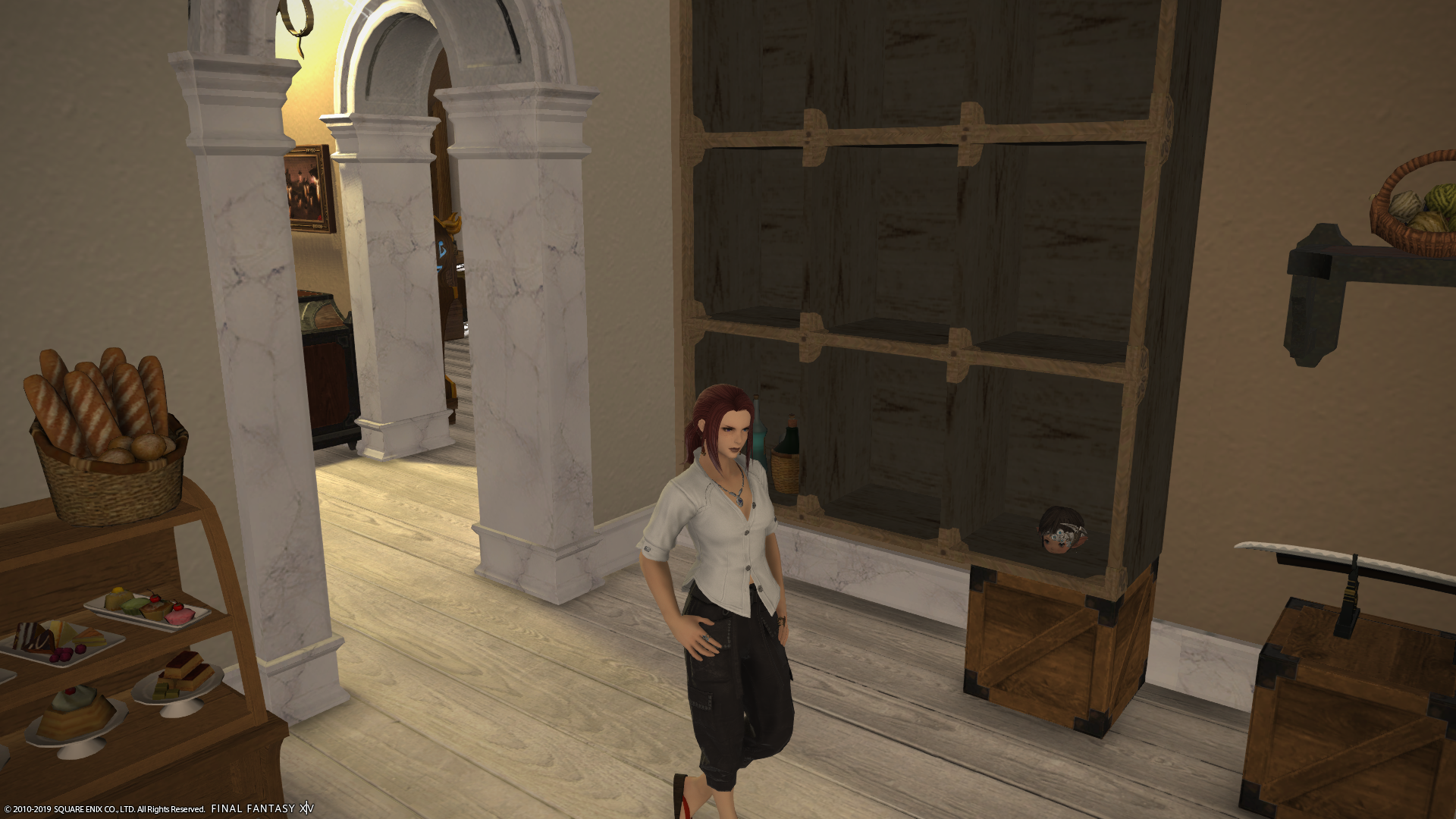 Screenshot from FFXIV of a highlander female inside her Free Company house